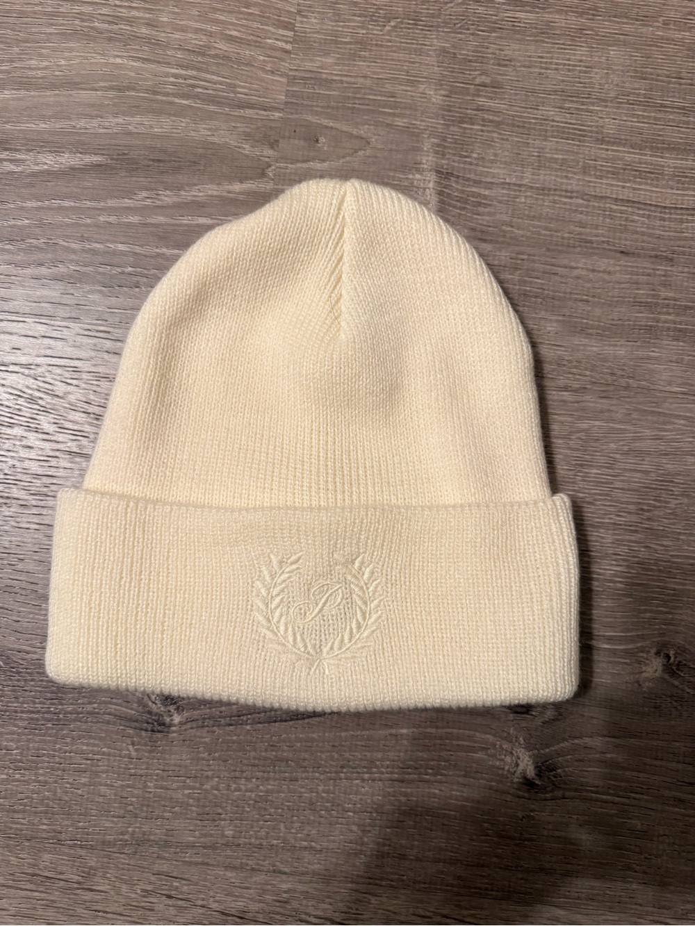PINK Victoria's Secret Cream Knit Cuffed Beanie with Embroidered Laurel